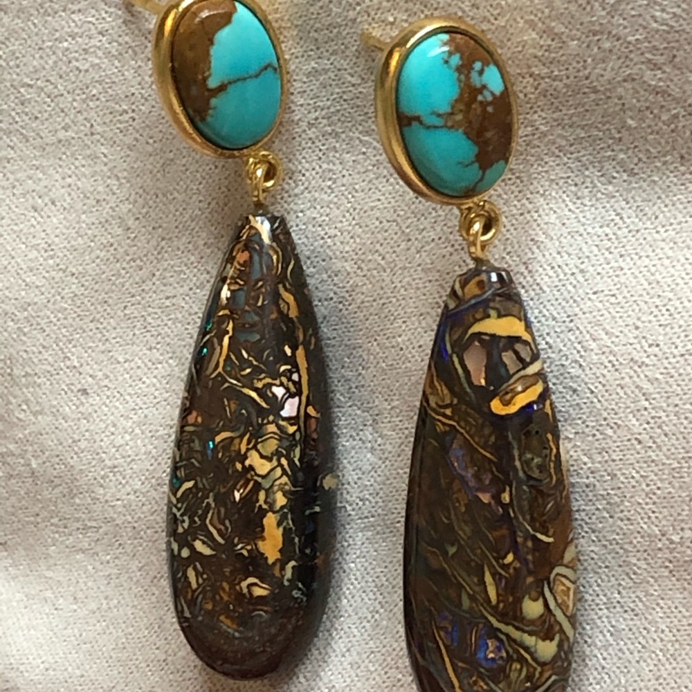 Kingman Turquoise & Australian Opal Drop Earrings
